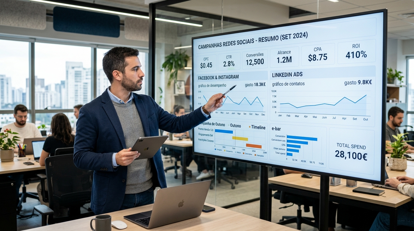 Fotografia de um gestor de marketing a analisar dashboards de campanhas publicitárias em redes sociais num ecrã grande, em ambiente de escritório moderno