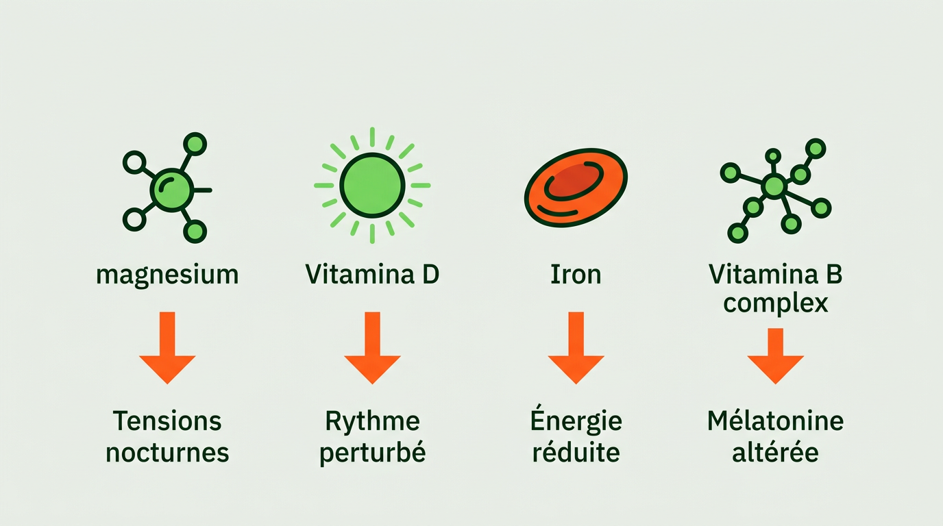 Infographie scientifique en style vecteur plat sur fond #EBEFE8. Quatre icônes schématiques alignées horizontalement, chacune représentant un micronutriment clé : magnésium (molécule simplifiée), vitamine D (soleil stylisé), fer (globule rouge simplifié), vitamines B (chaîne moléculaire). Sous chaque icône, une flèche vers le bas en #FE581B indique l'impact négatif de la carence sur le sommeil (label court : Tensions nocturnes, Rythme perturbé, Énergie réduite, Mélatonine altérée). Palette #EBEFE8, #002B14, #76DB5D, #FE581B. IBM Plex Sans Condensed.