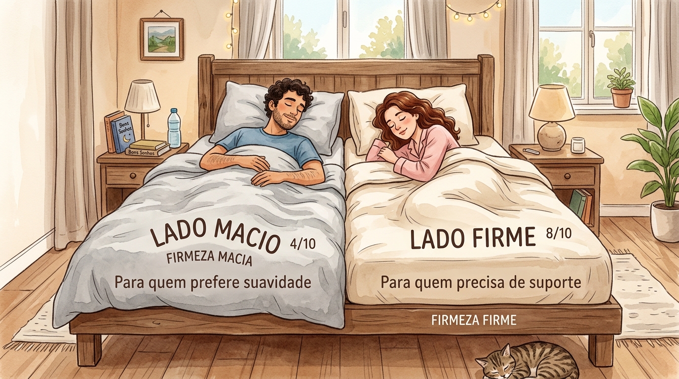 Ilustração de um casal a dormir confortavelmente numa cama de casal, cada lado com uma tonalidade diferente a representar firmezas distintas do colchão