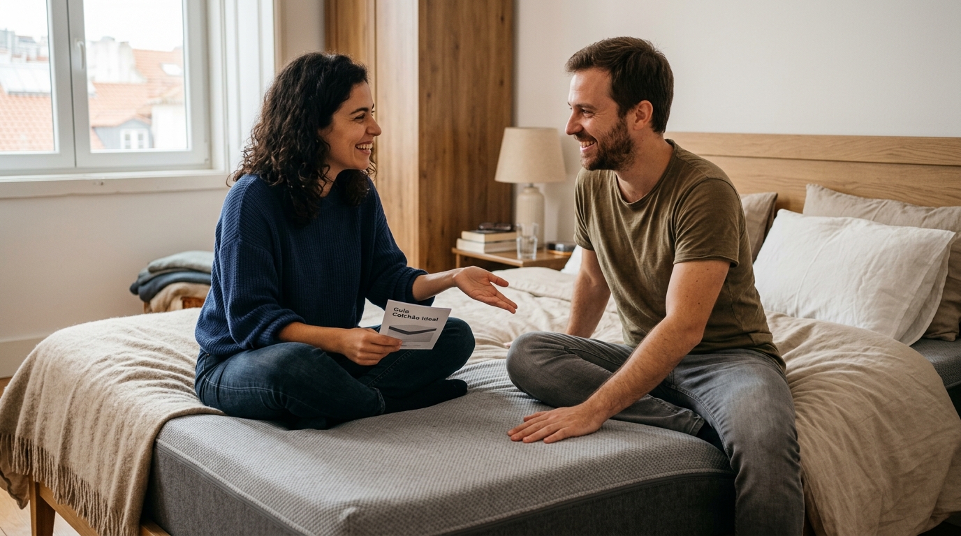 Casal sentado na cama a conversar de forma descontraída, com um colchão visível, representando a escolha conjunta do colchão ideal
