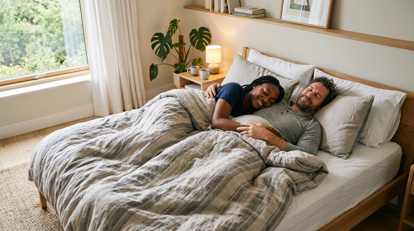 Casal deitado num colchão de casal confortável, sorrindo, com diferentes posições de sono representadas de forma natural e acolhedora num quarto moderno e luminoso