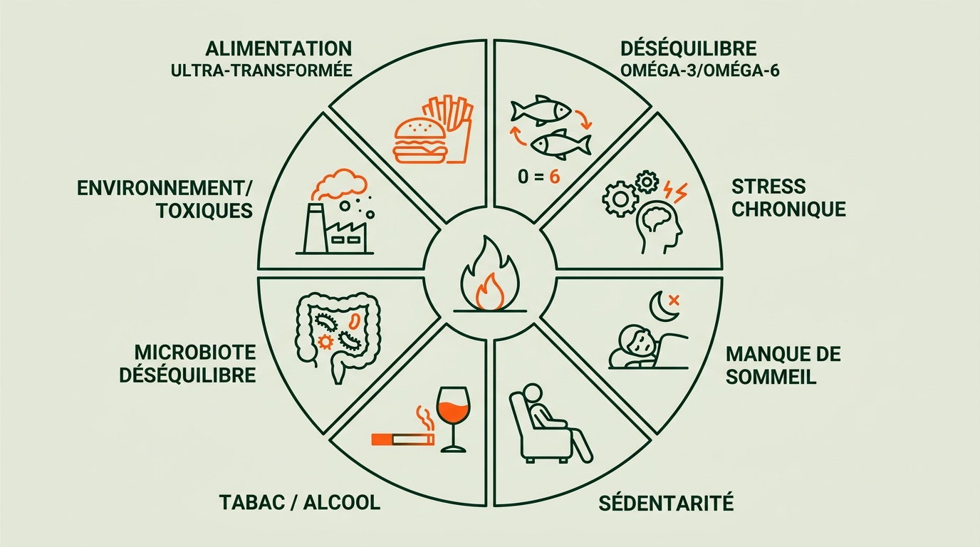 Diagramme circulaire ou en étoile en style flat vector scientifique représentant les principales causes de l'inflammation chronique : alimentation ultra-transformée, déséquilibre oméga-3/oméga-6, stress chronique, manque de sommeil, sédentarité, tabac/alcool, microbiote déséquilibré, environnement/toxiques. Chaque cause est représentée par un segment ou une branche avec une icône minimaliste et un label court. Centre : icône d'une flamme basse symbolisant l'inflammation de bas grade. Fond #EBEFE8, lignes et icônes #002B14, accents #FE581B pour les facteurs les plus pro-inflammatoires. Format horizontal, sobre, sans texte superflu.