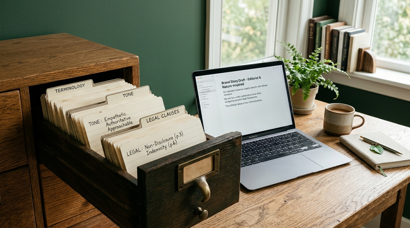 An open wooden card catalog drawer holding neatly labeled cards for terminology, tone, and legal clauses, beside a laptop displaying a content draft, calm natural light