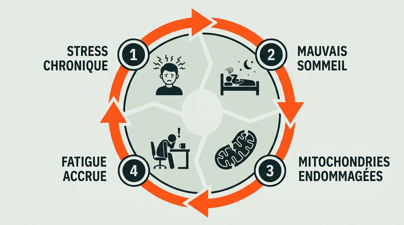 Diagramme circulaire scientifique en style vectoriel plat illustrant un cycle en 4 étapes : 1. Stress chronique → 2. Mauvais sommeil → 3. Mitochondries endommagées → 4. Fatigue accrue → retour à l'étape 1. Flèches circulaires en #FE581B pour signifier le danger et la boucle. Icônes minimalistes pour chaque étape. Fond #EBEFE8, texte court en IBM Plex Sans Condensed, format paysage.