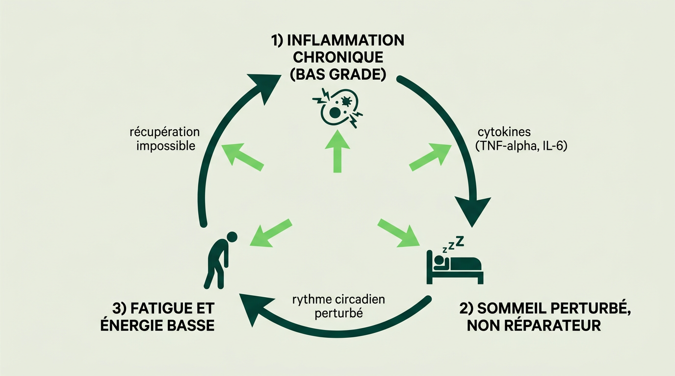 Diagramme circulaire en style flat vector scientifique illustrant un cycle à trois composantes : 1) Inflammation chronique (bas grade) → 2) Sommeil perturbé, non réparateur → 3) Fatigue et énergie basse → retour à 1. Chaque étape est reliée par des flèches courbes. Des annotations courtes indiquent les mécanismes clés : cytokines (TNF-alpha, IL-6), rythme circadien perturbé, récupération impossible. Fond #EBEFE8, flèches et texte #002B14, éléments de rupture du cycle en #76DB5D pour suggérer la possibilité d'intervention. Format horizontal, clair, pédagogique.