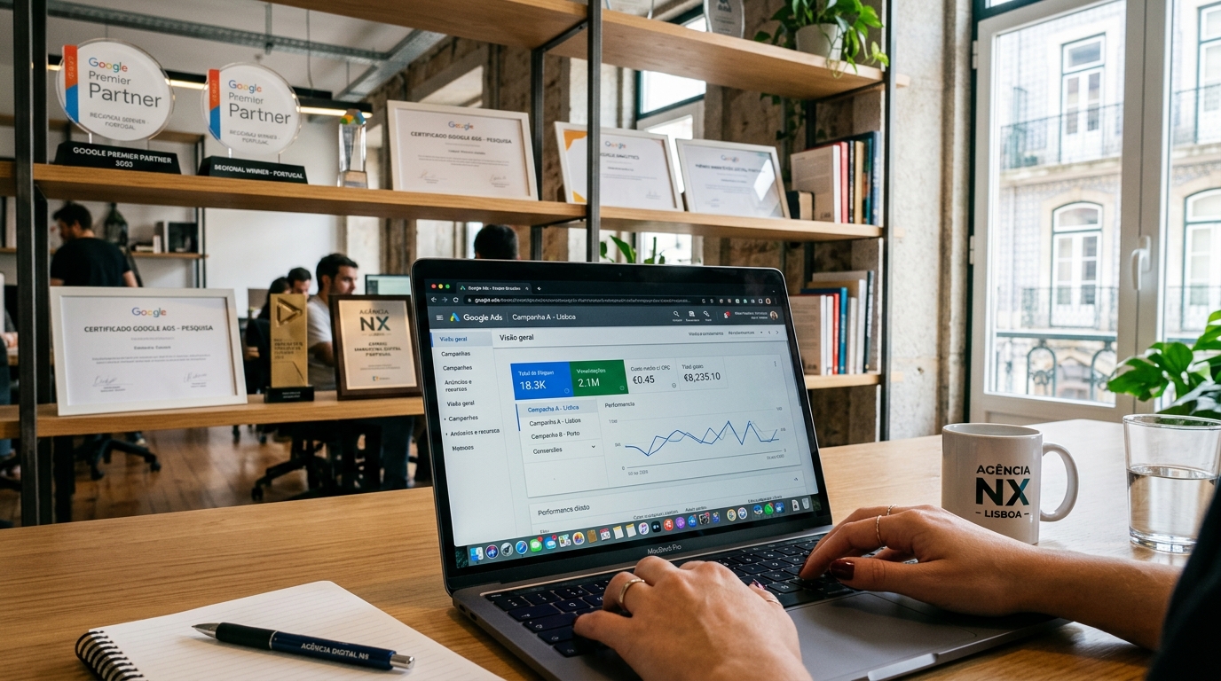 Fotografia de close-up de um computador com o painel do Google Ads aberto numa agência de marketing digital em Portugal, com troféus e certificados visíveis ao fundo em prateleiras