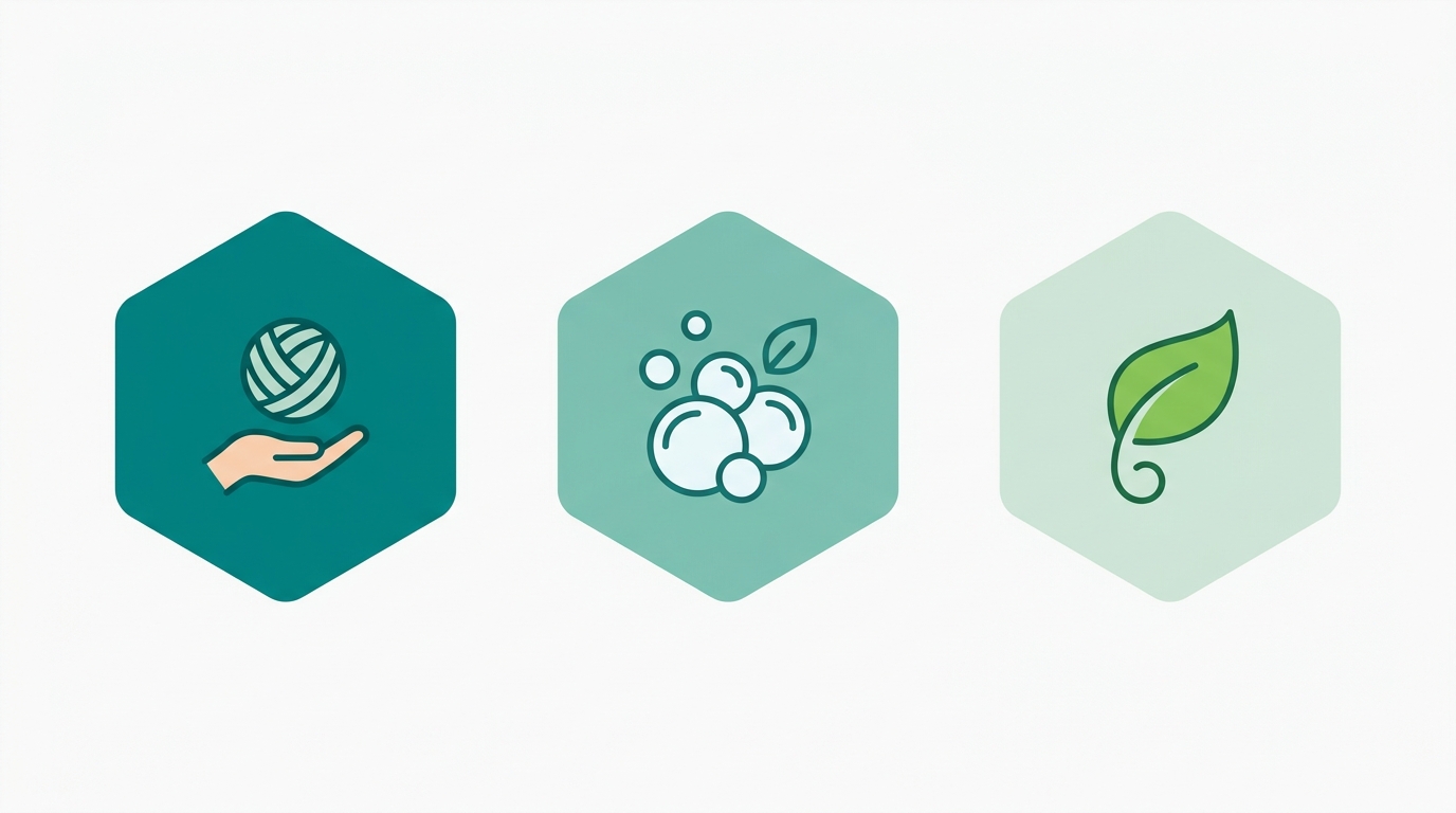 Flat vector diagram showing three certification badge shapes (simplified geometric hexagons) in #008282, #78C2B2, and #CCE3D4 on #F9F9F9 background, each with a simple abstract symbol (not text) representing textile safety, foam purity, and organic material, arranged horizontally with generous whitespace, 16:9 landscape