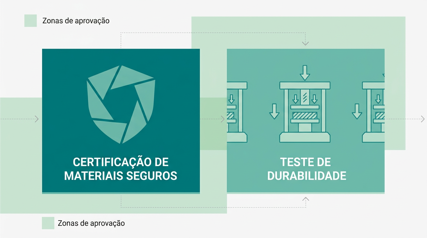 Diagrama flat com dois painéis lado a lado: à esquerda um ícone geométrico de escudo em #008282 representando certificação de materiais seguros, à direita uma barra de compressão repetida representando teste de durabilidade em #78C2B2, sobre fundo #F9F9F9 com zonas de aprovação em #CCE3D4