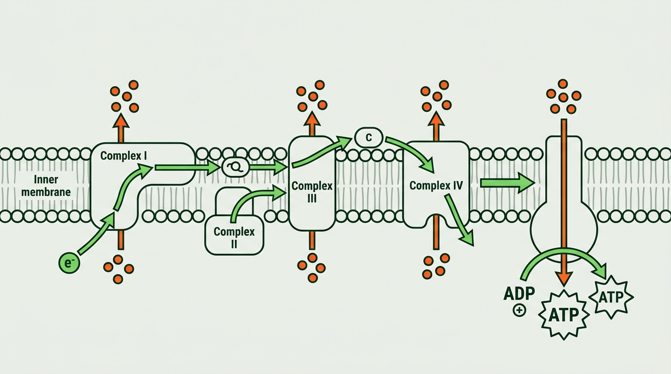 Infographie scientifique plate montrant la membrane interne mitochondriale avec les 4 complexes de la chaîne respiratoire (I, II, III, IV) et l'ATP synthase. Flux d'électrons représentés par des flèches en #76DB5D allant de gauche à droite. Protons pompés vers l'espace intermembranaire symbolisés par de petits cercles en #FE581B. ATP synthase au bout du flux avec une icône ATP bien lisible. Fond #EBEFE8, lignes #002B14, format paysage horizontal, sans texte dense.