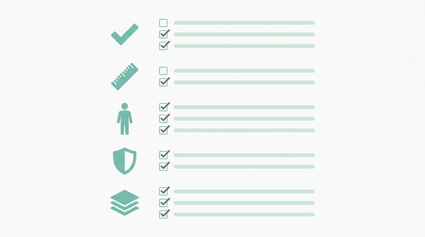 Flat vector diagram showing a vertical checklist layout with five grouped rows, each row containing a simple geometric icon in #78C2B2 (tick mark, ruler, silhouette figure, shield, and layered rectangle) aligned to the left, with horizontal lines in #CCE3D4 representing check items. Background #F9F9F9, accent ticks in #7A7A7A, no text, 16:9 landscape, generous whitespace