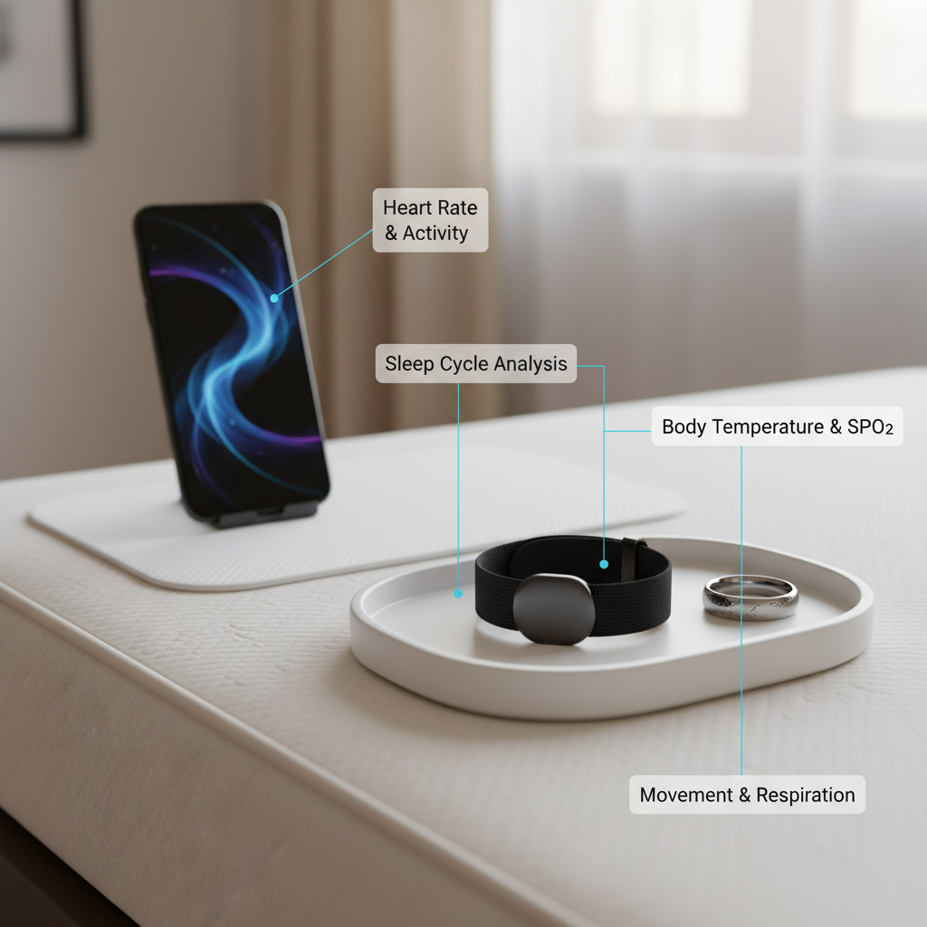 Un arrangement de différents dispositifs de sommeil (bracelet, bague, application sur smartphone, capteur sous matelas) avec des étiquettes indiquant leurs fonctions principales - L'image devrait montrer différentes options technologiques pour le suivi du sommeil sans montrer d'interfaces