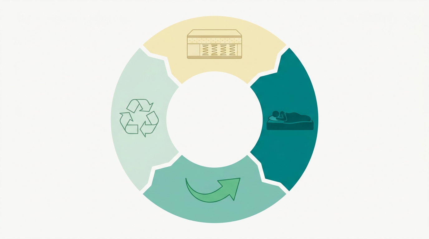 Diagrama circular simplificado mostrando 4 fases do ciclo de vida de um colchão: produção (retângulo com camadas em #F2E8B8), uso (silhueta deitada em #008282), recolha (seta em #78C2B2), reciclagem (símbolo de ciclo em #CCE3D4). Composição em círculo sobre fundo #F9F9F9, sem texto, fundo off-white.