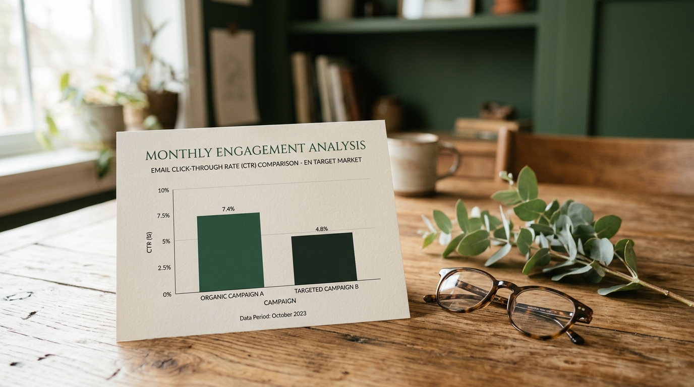 a printed bar chart comparing two click rates lying on a wooden desk next to a pair of reading glasses and a sprig of eucalyptus