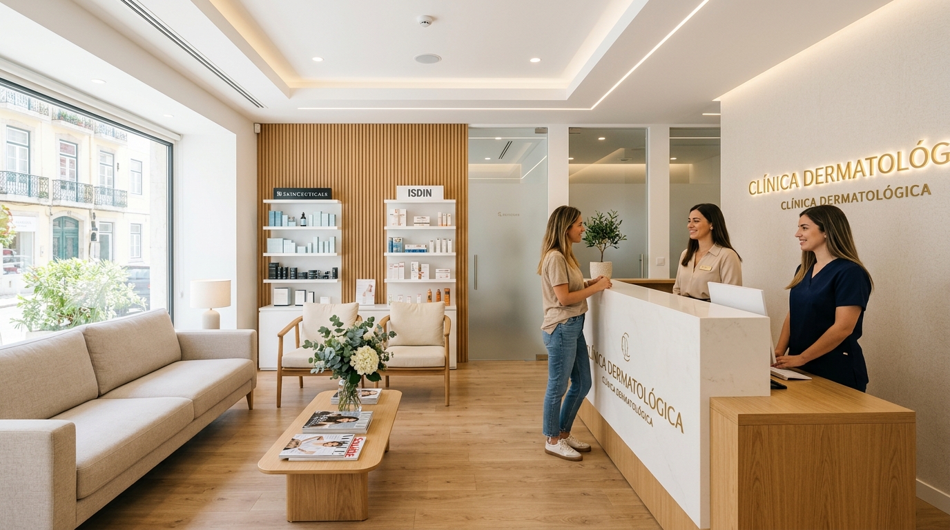 Fotografia de uma clínica de dermatologia estética moderna em Portugal, com receção clean e iluminada, ambiente profissional e acolhedor, tons claros e neutros