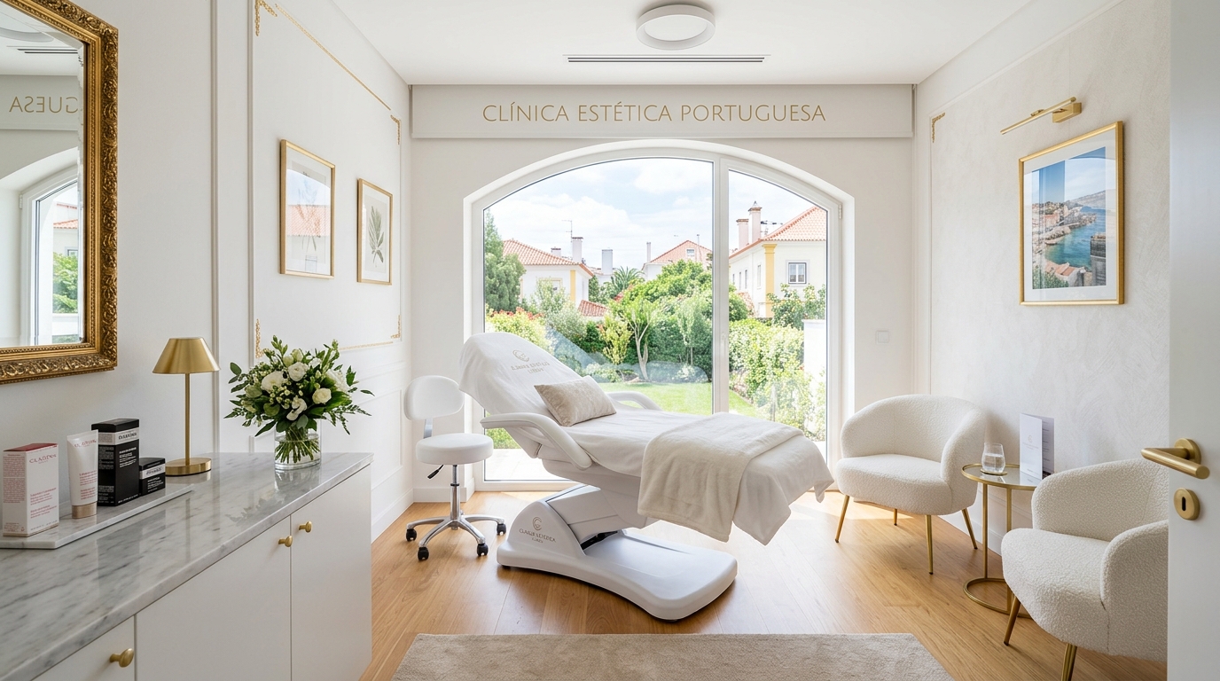 Fotografia profissional do interior moderno de uma clínica de estética em Portugal, com luz natural suave, sala de tratamento limpa e elegante, cadeiras brancas e detalhes em dourado, ambiente calmo e sofisticado