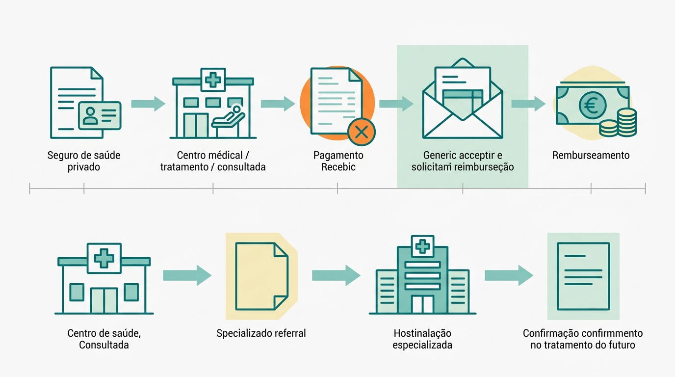Diagrama comparando o percurso de um pedido de reembolso através do seguro de saúde privado e do encaminhamento pelo Serviço Nacional de Saúde, com setas indicando as etapas