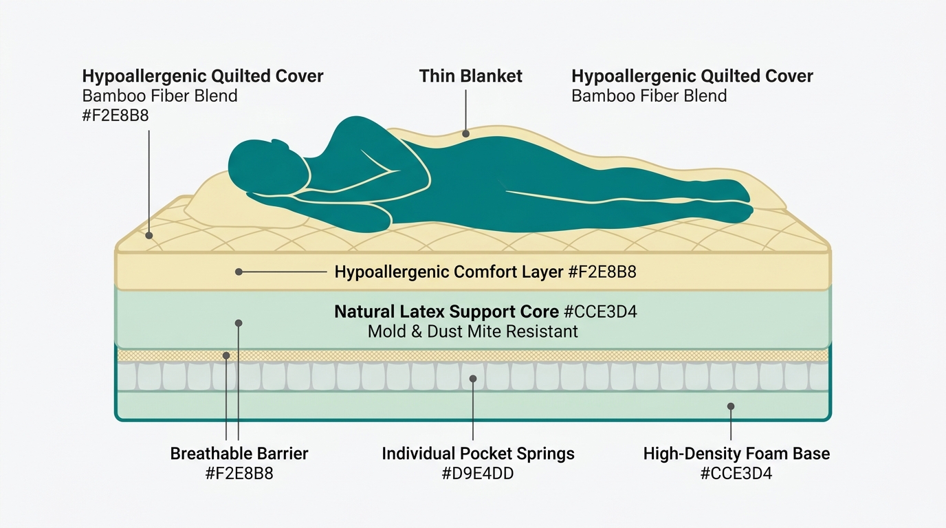 Flat vector diagram showing a cross-section of a mattress with labeled hypoallergenic layers in #F2E8B8 and #CCE3D4, with a faceless silhouette sleeping on top in #008282, surrounded by clean whitespace on #F9F9F9 background, in landscape 16:9 format