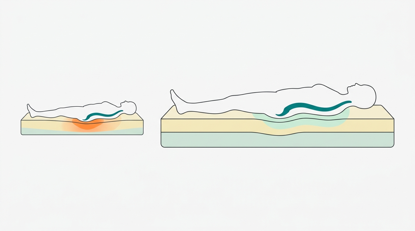 Flat vector diagram in CLC brand style showing a side-view silhouette of a person lying on a mattress, drawn as a clean rectangle with visible layers in F2E8B8 and CCE3D4. The spine is represented as a curved line in 008282 showing neutral alignment. A soft orange zone (FF8A30) highlights the lumbar pressure area on an incorrect mattress beside it, contrasted with a pale mint zone (CCE3D4) showing correct spinal alignment on a properly supportive mattress. Background F9F9F9, generous whitespace, no text, no bedroom decor.