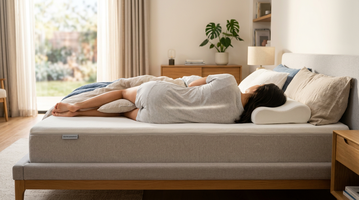 Pessoa deitada de lado num colchão com destaque visual para o alinhamento correto da coluna vertebral, em ambiente de quarto moderno e iluminado naturalmente