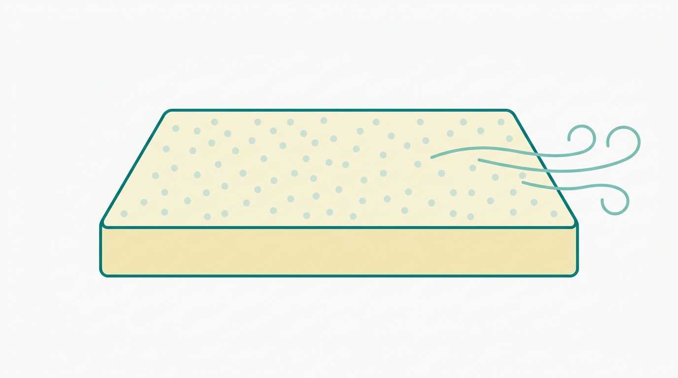 Flat editorial diagram in landscape 16:9 showing a mattress top view as a wide low rectangle with #F2E8B8 fill and #008282 outline. White powder dots (represented as small #CCE3D4 circles) are scattered uniformly across the top surface indicating bicarbonate application. On the right side of the image, curved abstract lines in #78C2B2 suggest airflow ventilation. Background #F9F9F9 with generous whitespace around the mattress. No text or labels.