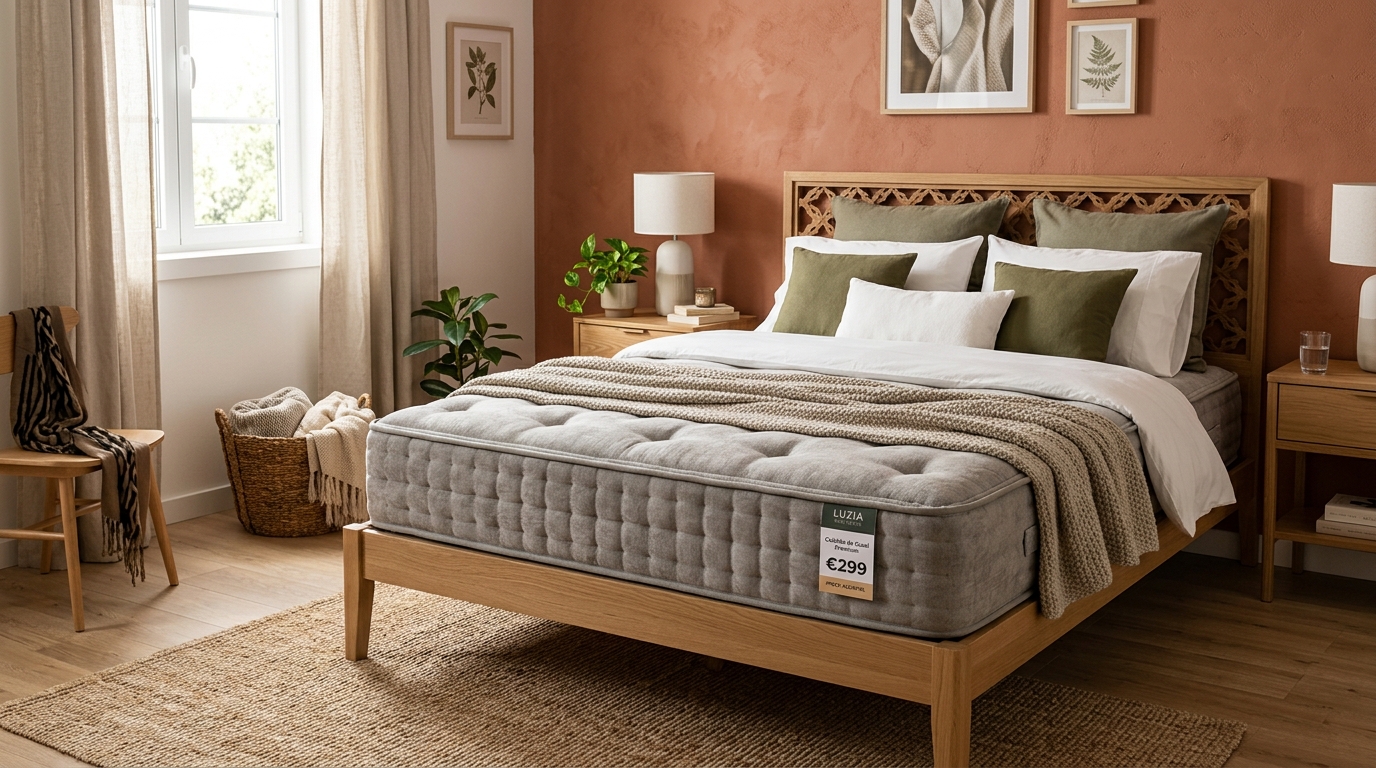 Colchão de casal de aspeto premium fotografado num quarto bem decorado, com etiqueta de preço acessível visível, transmitindo a ideia de qualidade a bom preço