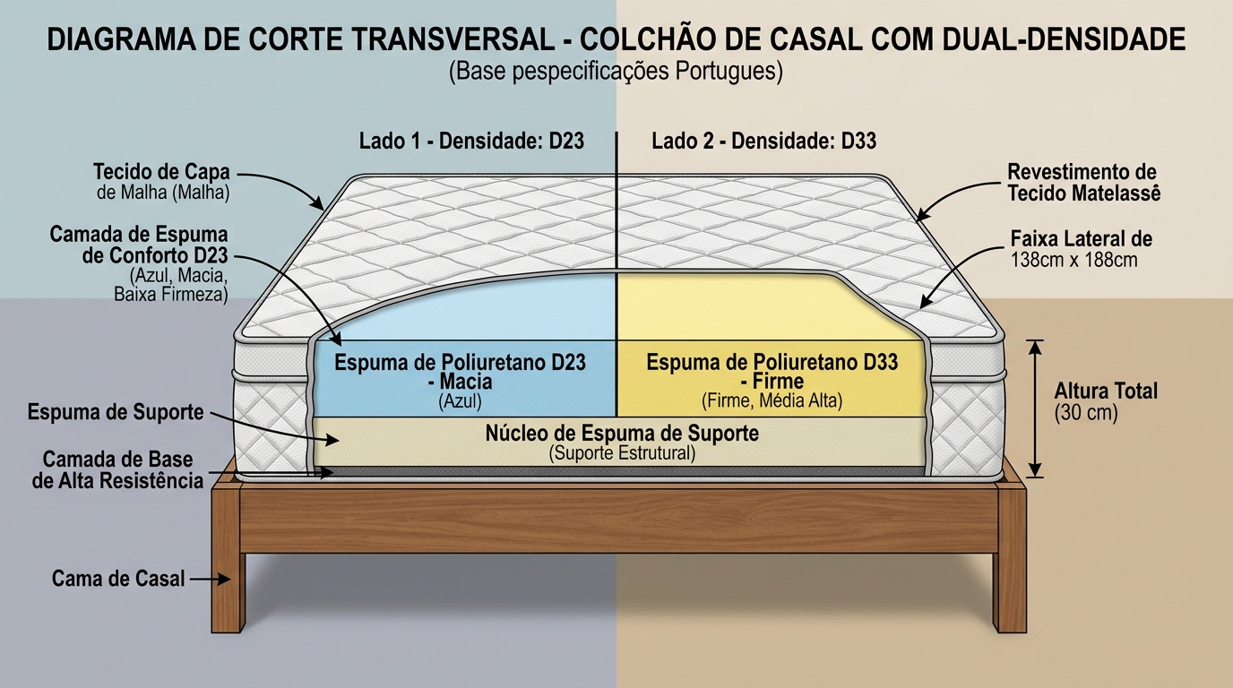 Diagrama ou corte transversal de um colchão de casal que mostra dois lados com densidades de espuma distintas, lado a lado