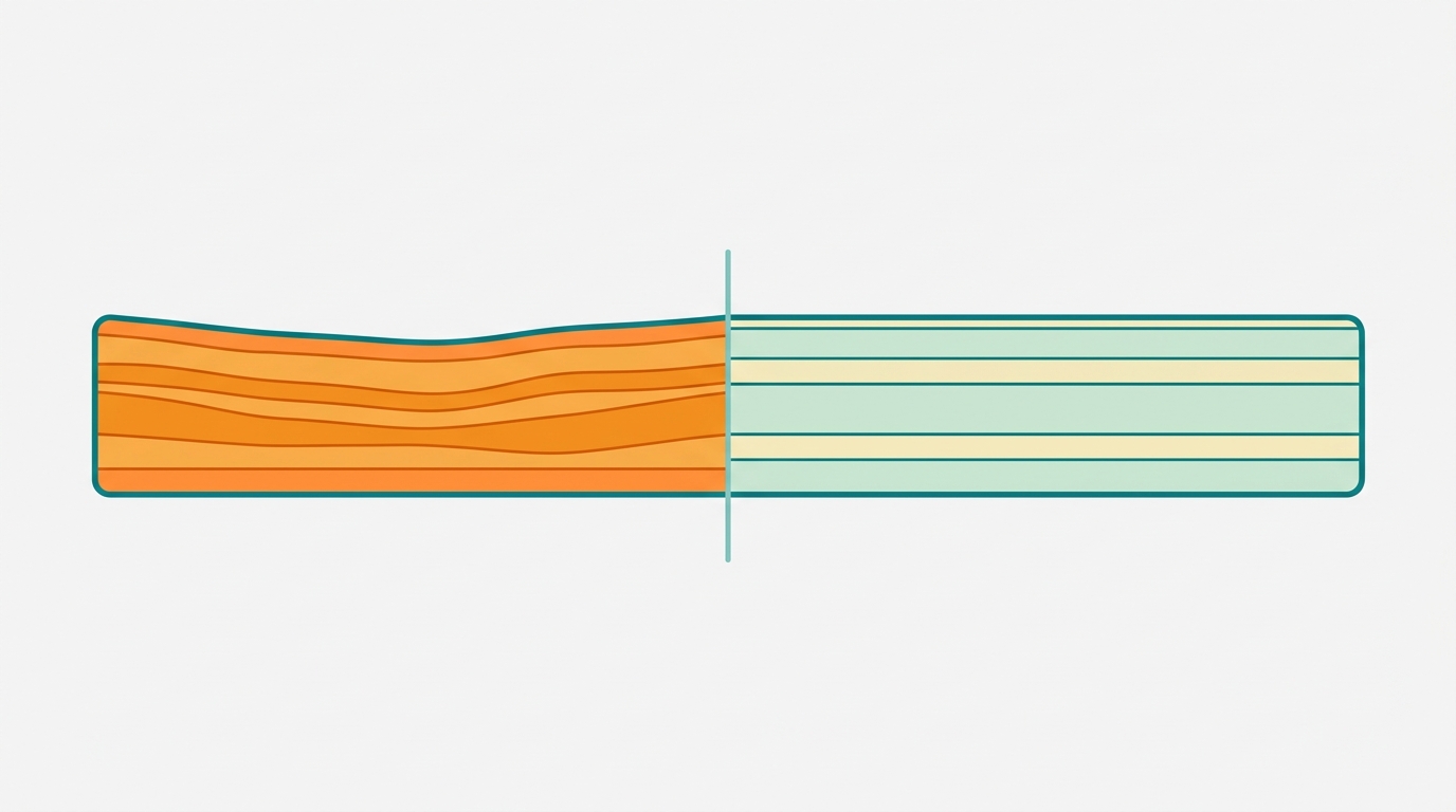 Flat editorial diagram in landscape 16:9 showing two mattresses side by side in horizontal cross-section. Left mattress: layers in #FF8A30 and irregular uneven top surface suggesting wear and sagging. Right mattress: clean, even layers in #CCE3D4 and #F2E8B8 with flat top surface suggesting new condition. Both mattresses outlined in #008282. A simple thin dividing line in #78C2B2 separates the two. Background #F9F9F9 with generous whitespace. No text or labels.