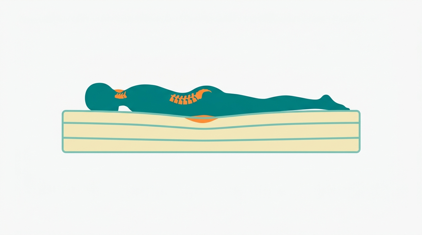 Flat vector side-view of a #008282 silhouette lying face-down on a rectangular mattress with 3 visible layers outlined in #78C2B2 and filled in #F2E8B8. Lumbar spine area shown as an exaggerated downward arc in #FF8A30 indicating excessive lordosis and pressure zone. Neck shown rotated with a small #FF8A30 zone at cervical region. Off-white #F9F9F9 background, generous whitespace, no text, no decorative props, centered composition.