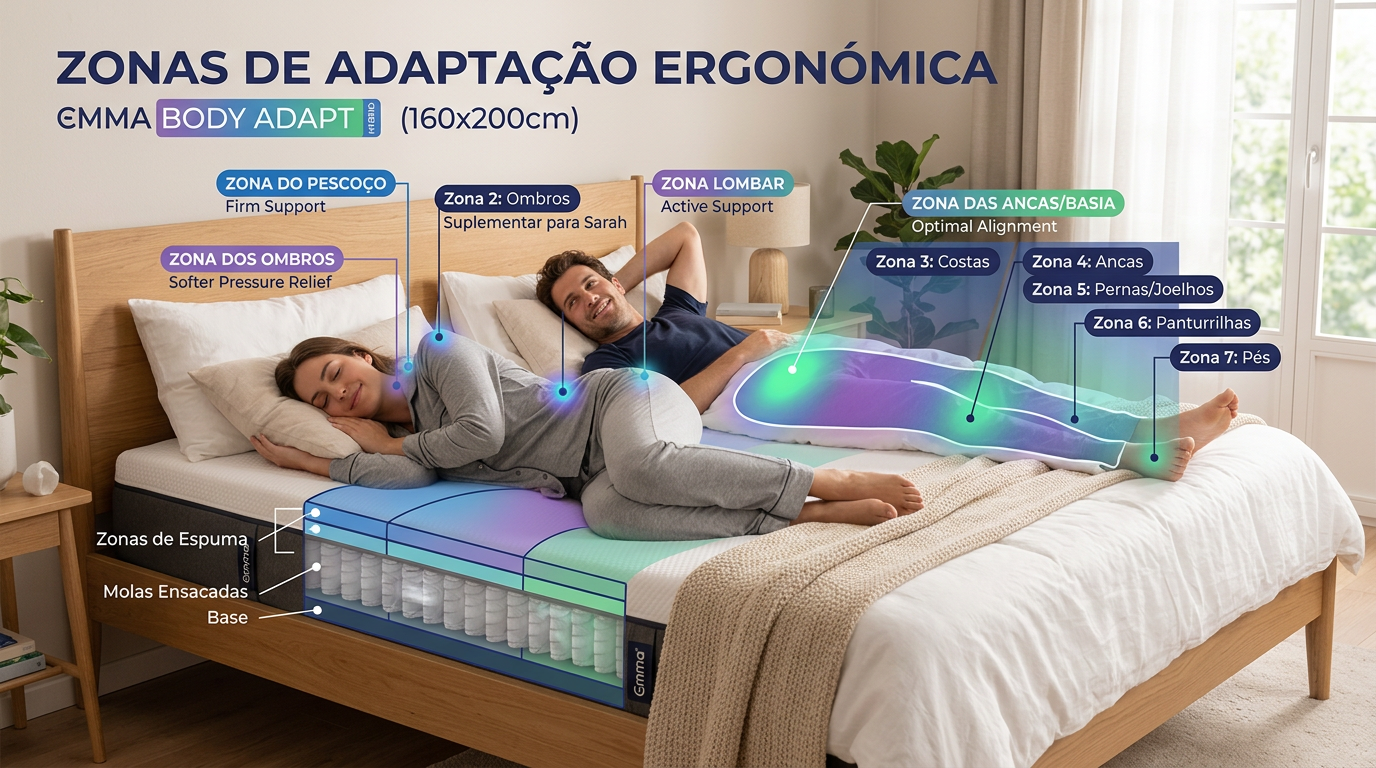 Casal deitado num colchão Emma Body Adapt Hybrid, cada um em posição diferente, com sobreposição gráfica mostrando as zonas de adaptação do colchão