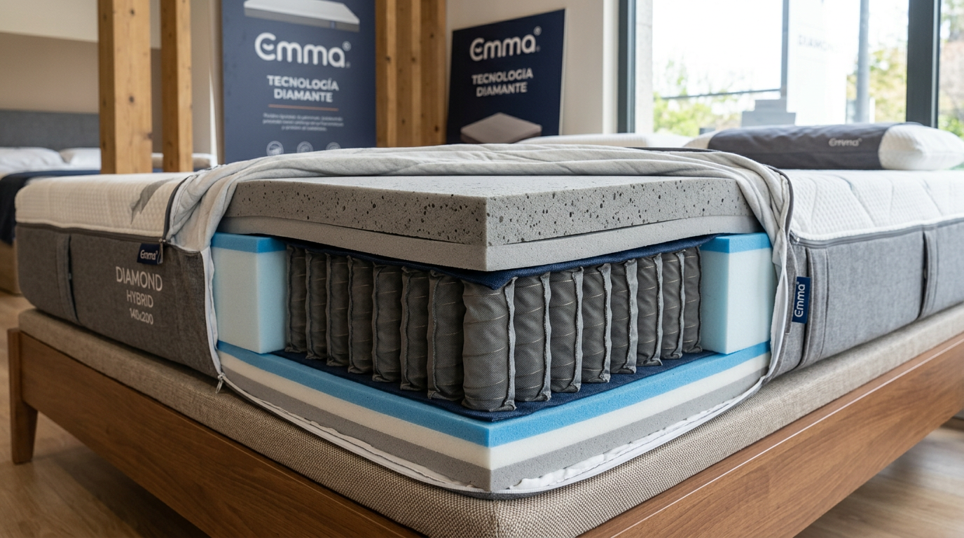 Fotografia do colchão Emma Diamond Hybrid aberto em camadas, com destaque para a camada de espuma com grafite de cor cinzenta e as molas ensacadas