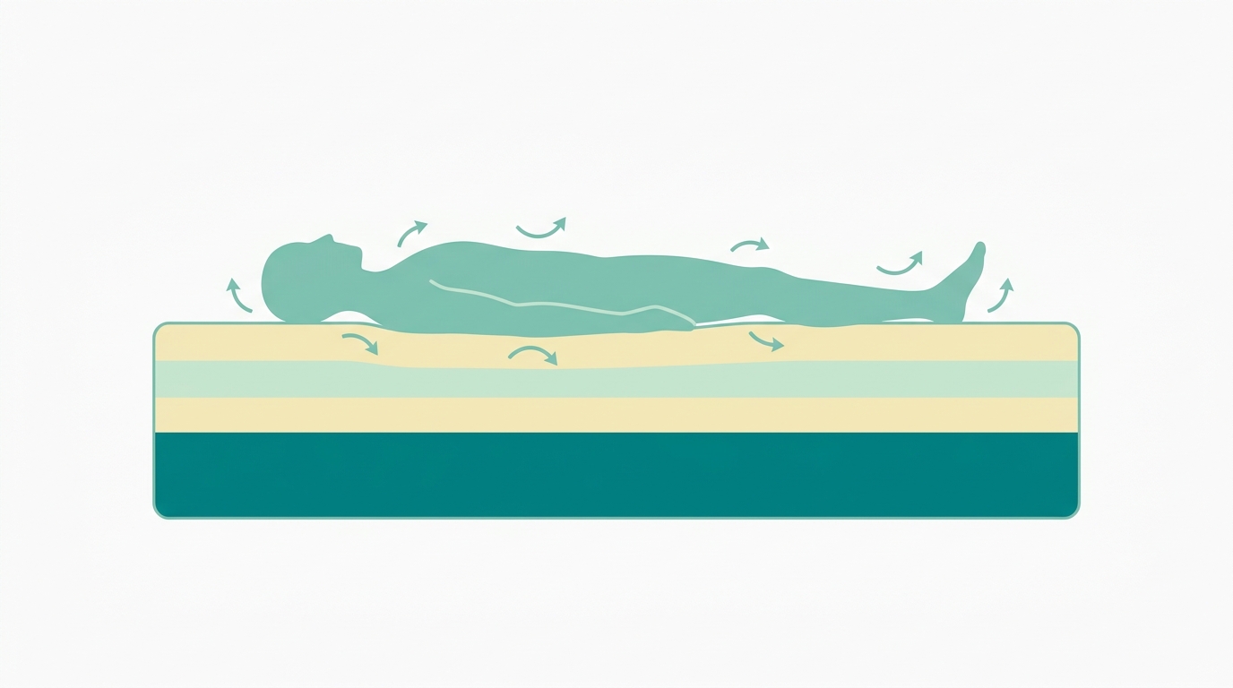 Flat vector side-view of a mattress cross-section. Layers shown with the top comfort layers in #F2E8B8 and the dense base layer in #008282. A horizontal band of pale mint (#CCE3D4) represents a stable thermal zone in the upper layers. A flat silhouette of a resting human figure in #78C2B2 lies on top. Small curved arrows in #78C2B2 show gentle heat circulation staying close to the body surface rather than escaping. Background #F9F9F9. No text. 16:9 landscape, Scandinavian flat vector style, generous whitespace.