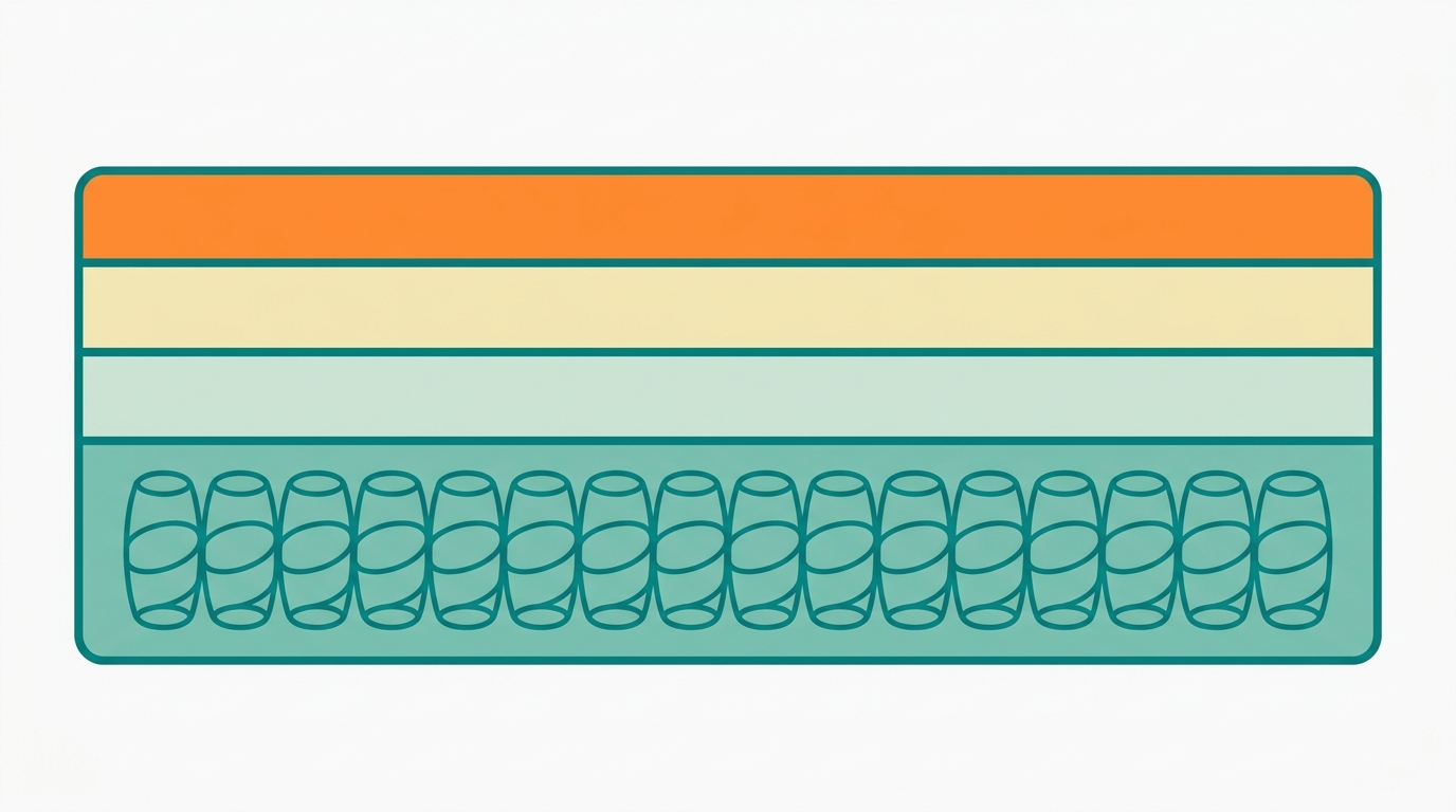 Ilustração vetorial de um colchão em corte transversal lateral, mostrando 4 camadas horizontais claramente distintas: topo em #FF8A30 representando a zona de dissipação térmica, segunda camada em #F2E8B8 para espuma viscoelástica, terceira camada em #CCE3D4 para espuma HR, e base em #78C2B2 representando a zona de molas ensacadas (indicadas por formas ovais repetidas). Proporção retangular 6:1, fundo #F9F9F9, contornos em #008282, sem texto.