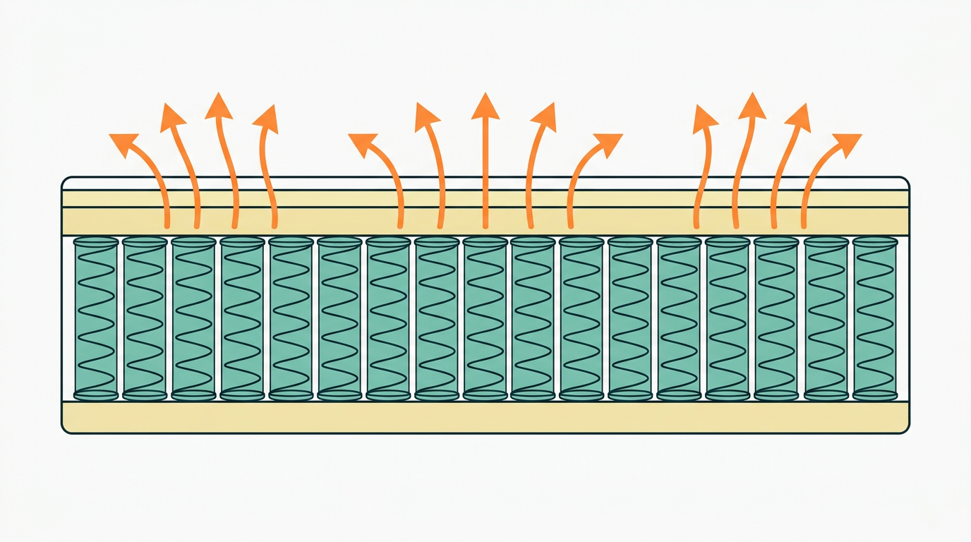 Flat vector side-view diagram of a hybrid mattress cross-section showing internal spring coils (drawn as open vertical coils in #78C2B2) creating air channels between layers. Above the coils, thin comfort foam layers in #F2E8B8. Orange (#FF8A30) curved arrows rising from the surface suggest heat escaping upward and outward through the mattress structure. Background #F9F9F9. No text. 16:9, centered, generous whitespace, strictly 2D flat vector style.