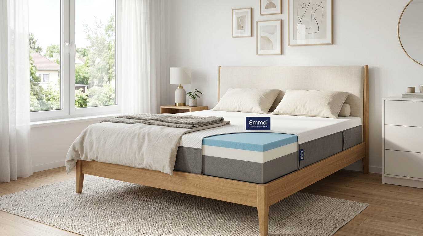 Colchão Emma desembalado num quarto moderno e luminoso, com destaque para a etiqueta da marca e as camadas de espuma visíveis