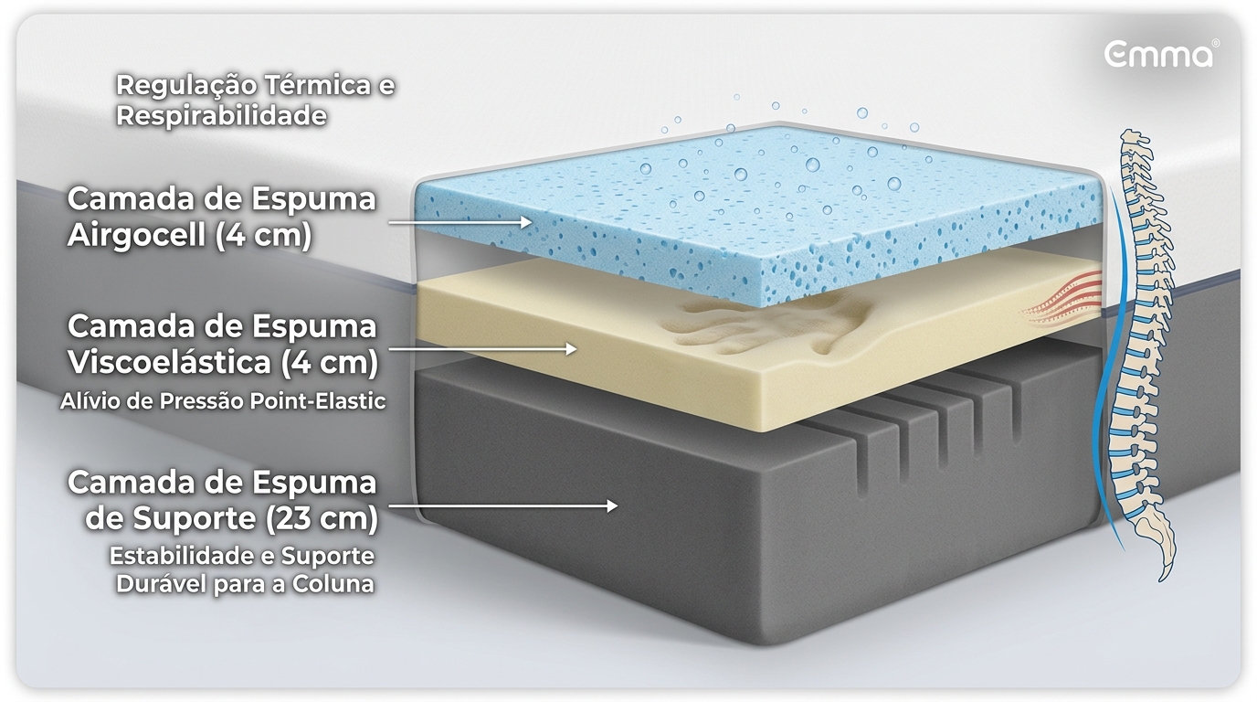 Ilustração das três camadas do colchão Emma Original em corte transversal, mostrando a espuma Airgocell, viscoelástica e de suporte