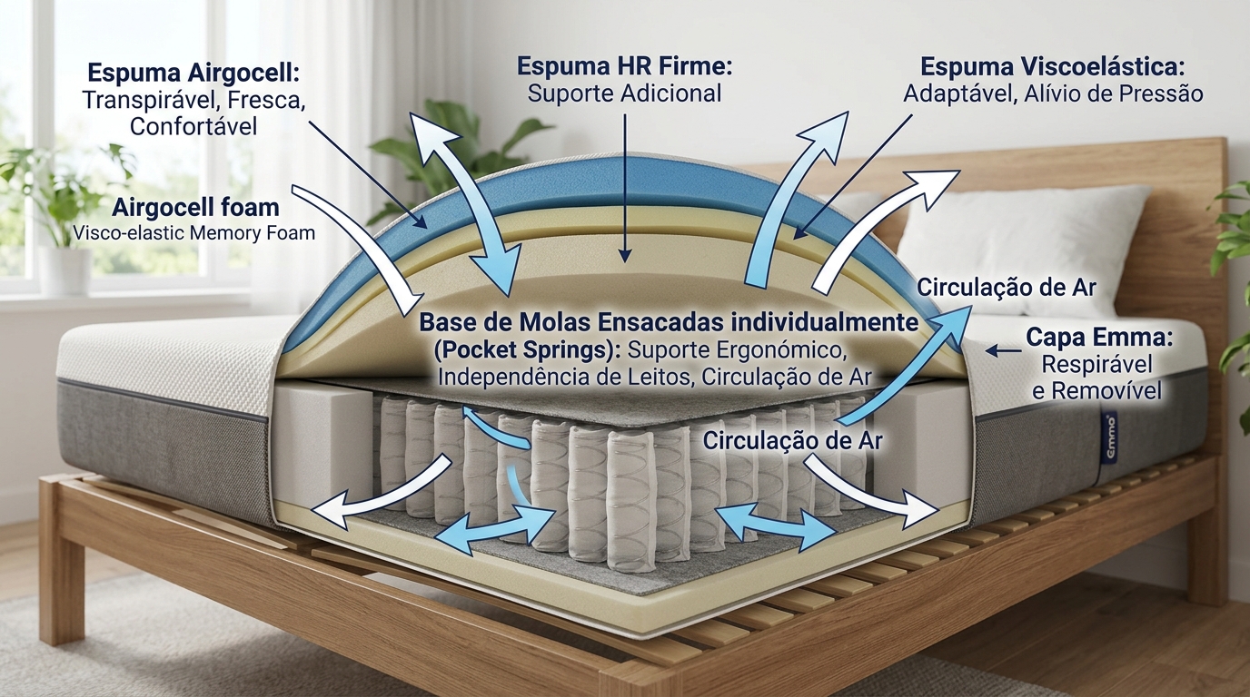 Corte transversal do colchão Emma Original Hybrid mostrando as camadas de espuma no topo e as molas ensacadas na base, com setas a indicar a circulação de ar