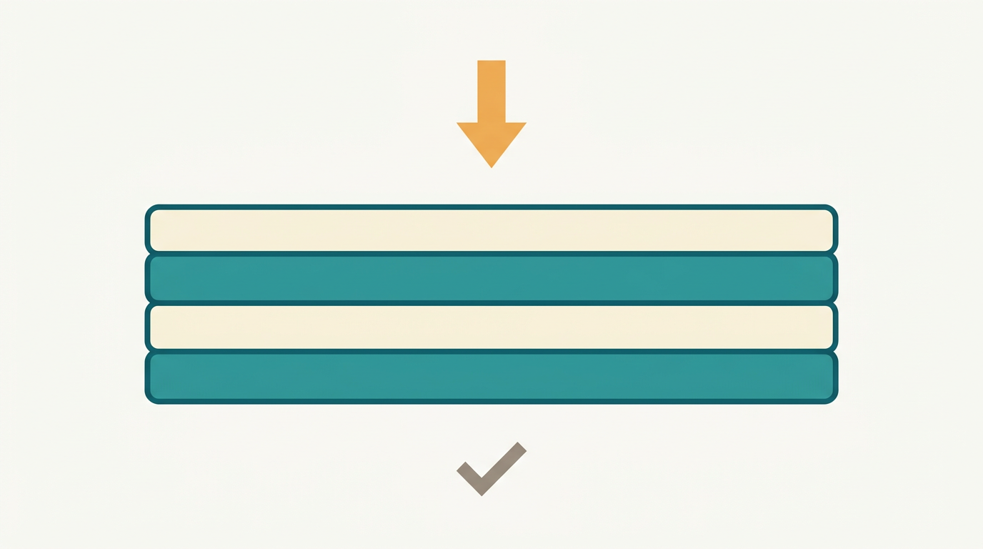 Flat vector diagram illustrating a horizontal mattress cross-section with 4 clearly defined layers in teal and cream tones, centered on an off-white background, with a simple downward arrow in warm orange above the mattress suggesting price reduction, and a small tick mark in warm gray below indicating value confirmation — no text, no numbers, no bedroom context