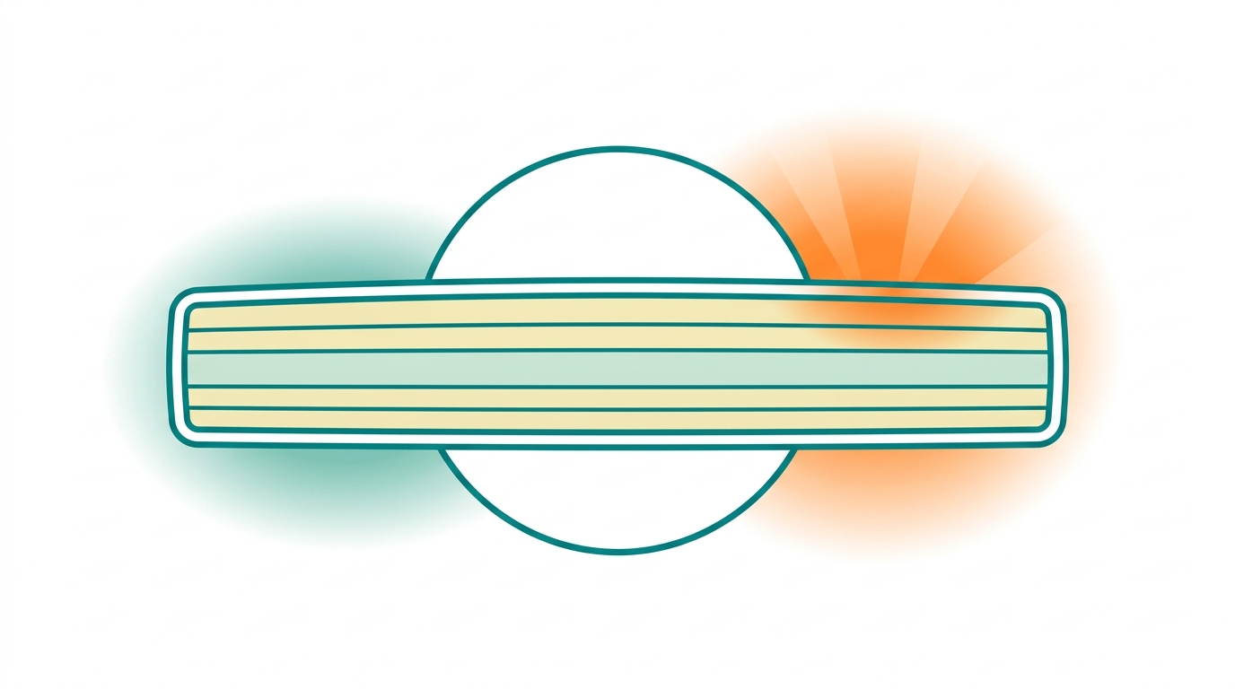 Flat vector diagram showing a horizontal cross-section of a mattress with clearly labeled comfort layers in #F2E8B8 and #CCE3D4, with teal outlines in #008282. On one side, a warm orange zone (#FF8A30) radiates upward from the mattress surface to indicate heat dissipation in summer. On the opposite side, soft teal shading (#78C2B2) illustrates heat retention in winter. No text or labels visible. Generous whitespace, landscape 16:9, single central composition.
