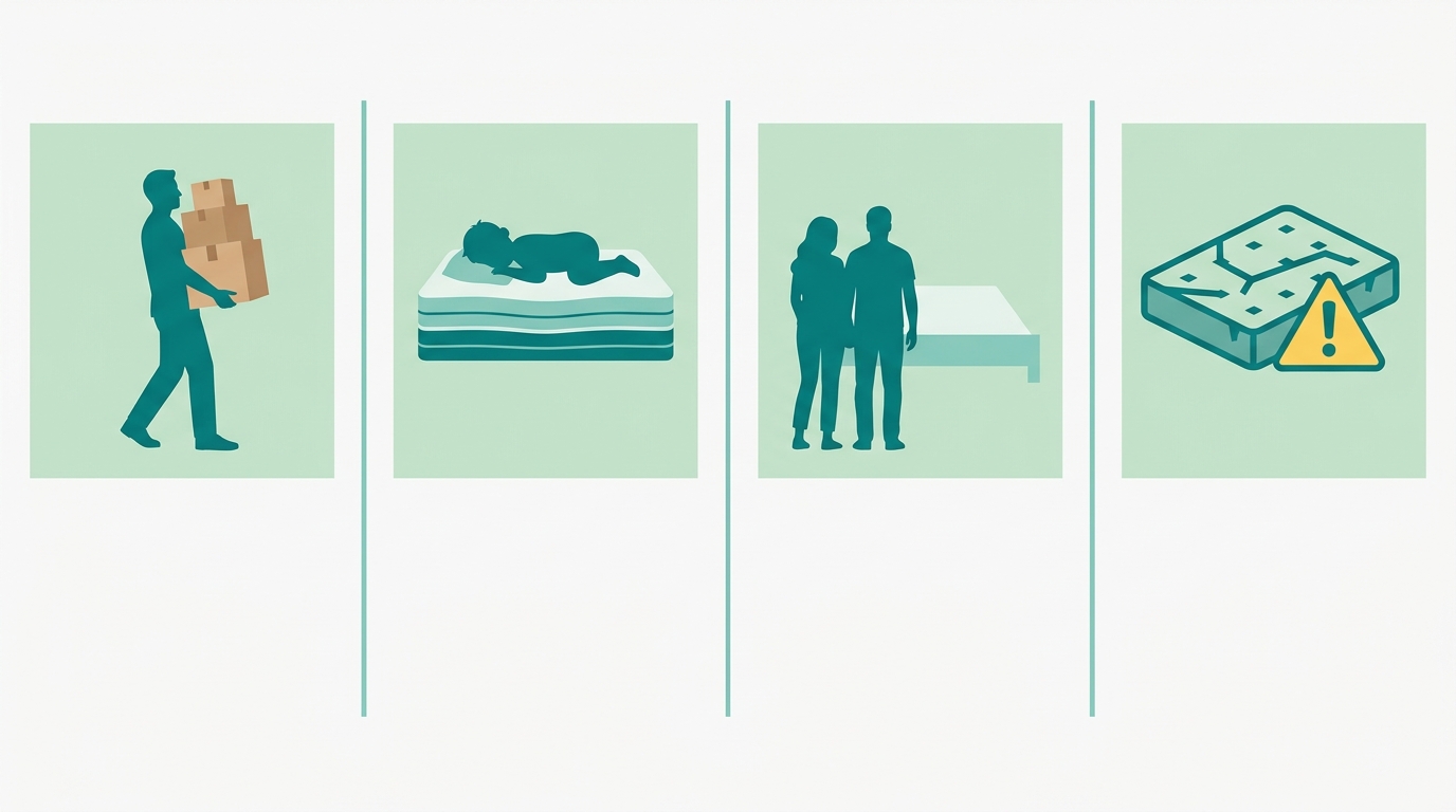 Ilustração flat editorial com 4 quadrantes simétricos em composição horizontal. Cada quadrante representa uma situação de urgência para entrega rápida de colchão: 1) silhueta de adulto com caixa de mudança, 2) silhueta de criança em posição de dormir sobre colchão em camadas, 3) silhueta de dois adultos (casal) a olhar para um espaço vazio, 4) ícone geométrico de colchão com sinal de alerta (desgaste). Cores #008282 para silhuetas, #78C2B2 para linhas divisórias, #CCE3D4 para fundos de quadrante, fundo geral #F9F9F9.