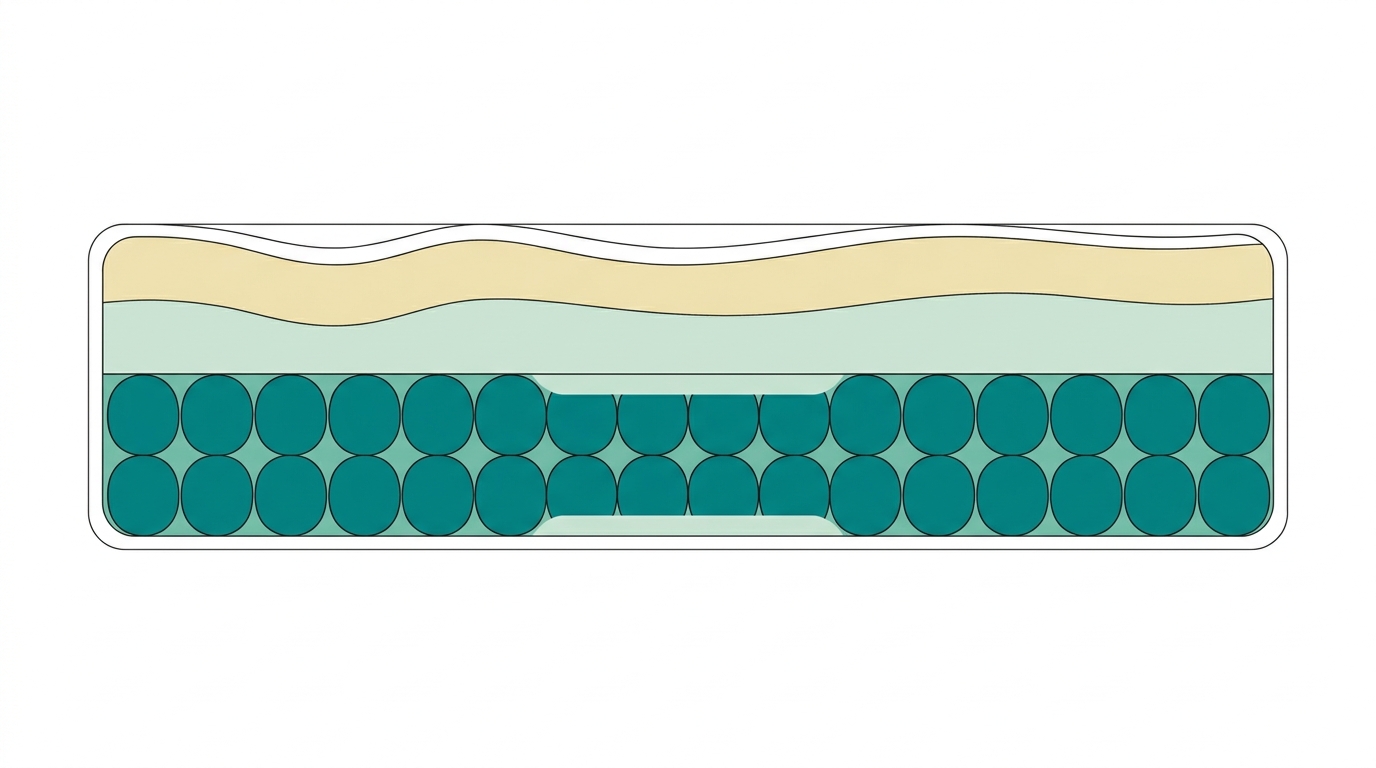Corte transversal de um colchão híbrido em vista lateral. Camada superior em #F2E8B8 (viscoelástica) com contorno suave. Camada intermédia em #CCE3D4 (transição HR). Núcleo inferior com molas individuais representadas como formas geométricas ovais em #008282, com espaços entre elas preenchidos em #78C2B2. Zona lombar apoiada indicada com uma área subtil em #CCE3D4.