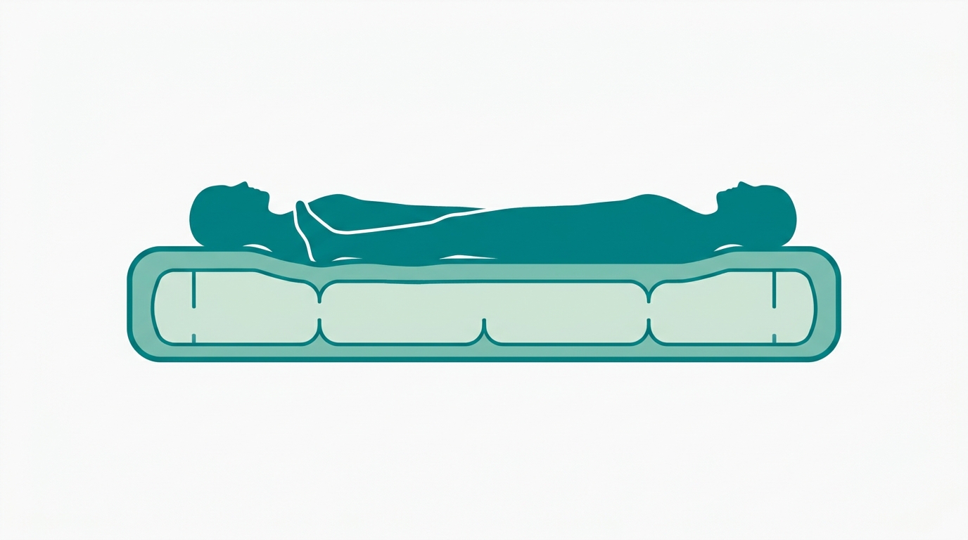 Flat vector editorial diagram showing a side-view cross-section of an inflatable mattress for two people, illustrated as a wide clean rectangle with visible internal air chambers in #CCE3D4 and outer shell in #78C2B2, outlined in #008282. Two faceless silhouettes in #008282 lying in horizontal sleeping position side by side, centered on the mattress. Background #F9F9F9, generous whitespace, minimalist composition, no text, no bedroom decor, no shadows.