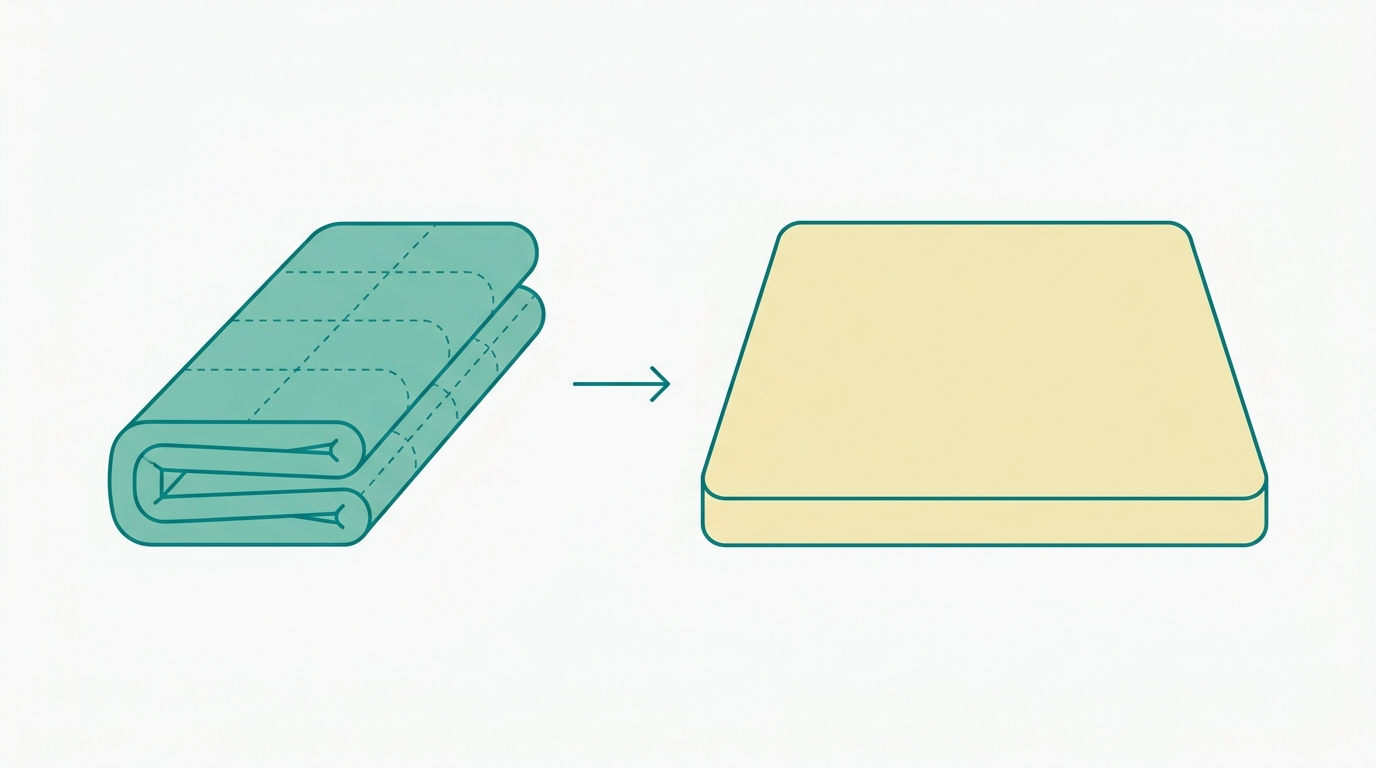 Flat vector editorial diagram showing a top-down and side-view of an inflatable double mattress in deflated and folded state, compared next to its fully inflated state. Deflated version shown as a compact rolled rectangle in #78C2B2 with folding lines indicated by thin #008282 dashed lines. Inflated version on the right shown as a wide flat rectangle in #F2E8B8 outlined in #008282. Arrow in #008282 pointing from deflated to inflated. Background #F9F9F9, composition uses rule-of-thirds, generous whitespace, orthographic view, no text, no shadows.