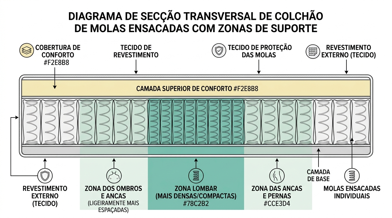 Diagrama de secção transversal de um colchão de molas ensacadas mostrando diferentes zonas de suporte. A zona central (lombar) destacada em #78C2B2 com molas mais densas/compactas, as zonas laterais (ombros e ancas) em #CCE3D4 com molas ligeiramente mais espaçadas. Camada superior de conforto em #F2E8B8. Colchão desenhado como retângulo com secção revelada, proporção 6:1 largura-altura.