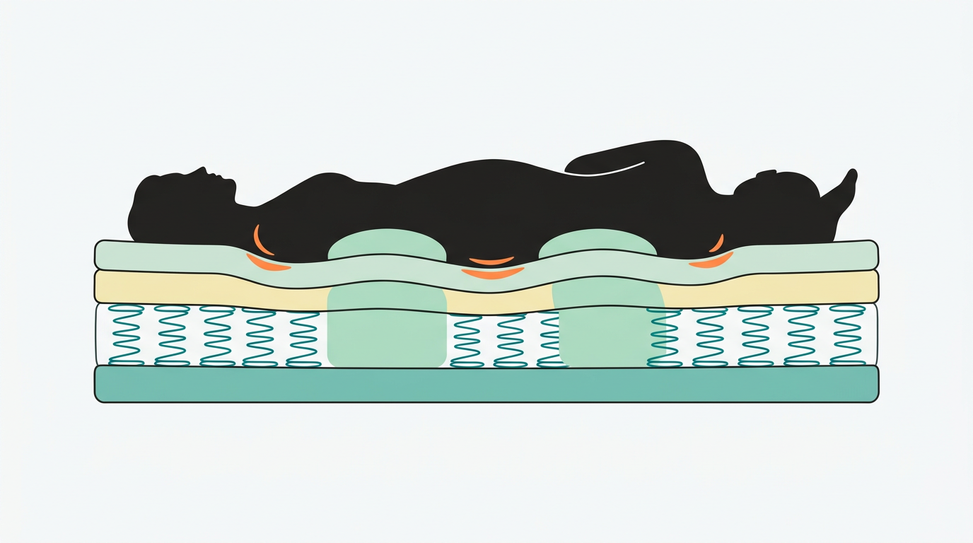 Ilustração editorial em vista lateral mostrando dois silhuetes deitados lado a lado sobre um colchão em corte transversal, com 4 camadas visíveis. A camada superior em #CCE3D4 (conforto), camada intermédia em #F2E8B8, base em #78C2B2 e estrutura de molas representadas por linhas em #008282. As zonas de suporte lombar destacadas em #CCE3D4 e os pontos de pressão nos ombros e ancas marcados subtilmente em #FF8A30. Fundo #F9F9F9, composição horizontal 16:9, sem texto.
