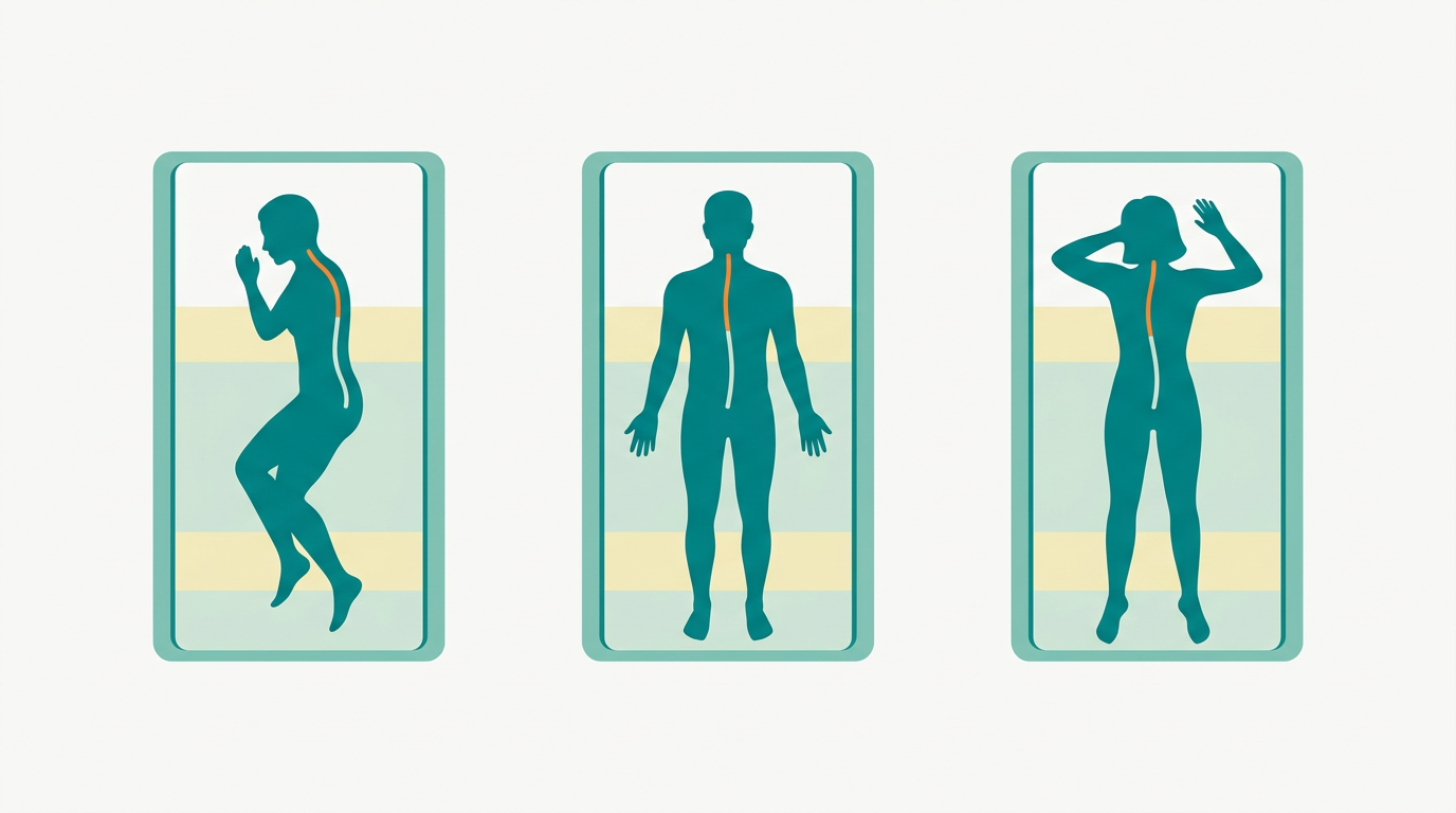 Three flat vector silhouettes in #008282 shown side by side in sleeping positions: lateral (on side), dorsal (on back), and ventral (on stomach), each resting on a clean rectangular mattress outline in #78C2B2 with three visible layers filled in #F2E8B8 and #CCE3D4. Spinal alignment shown as a thin continuous line in #FF8A30 for misalignment zones and #CCE3D4 for neutral zones. Composition centered on off-white #F9F9F9 background, generous whitespace, no text, no bedroom props.