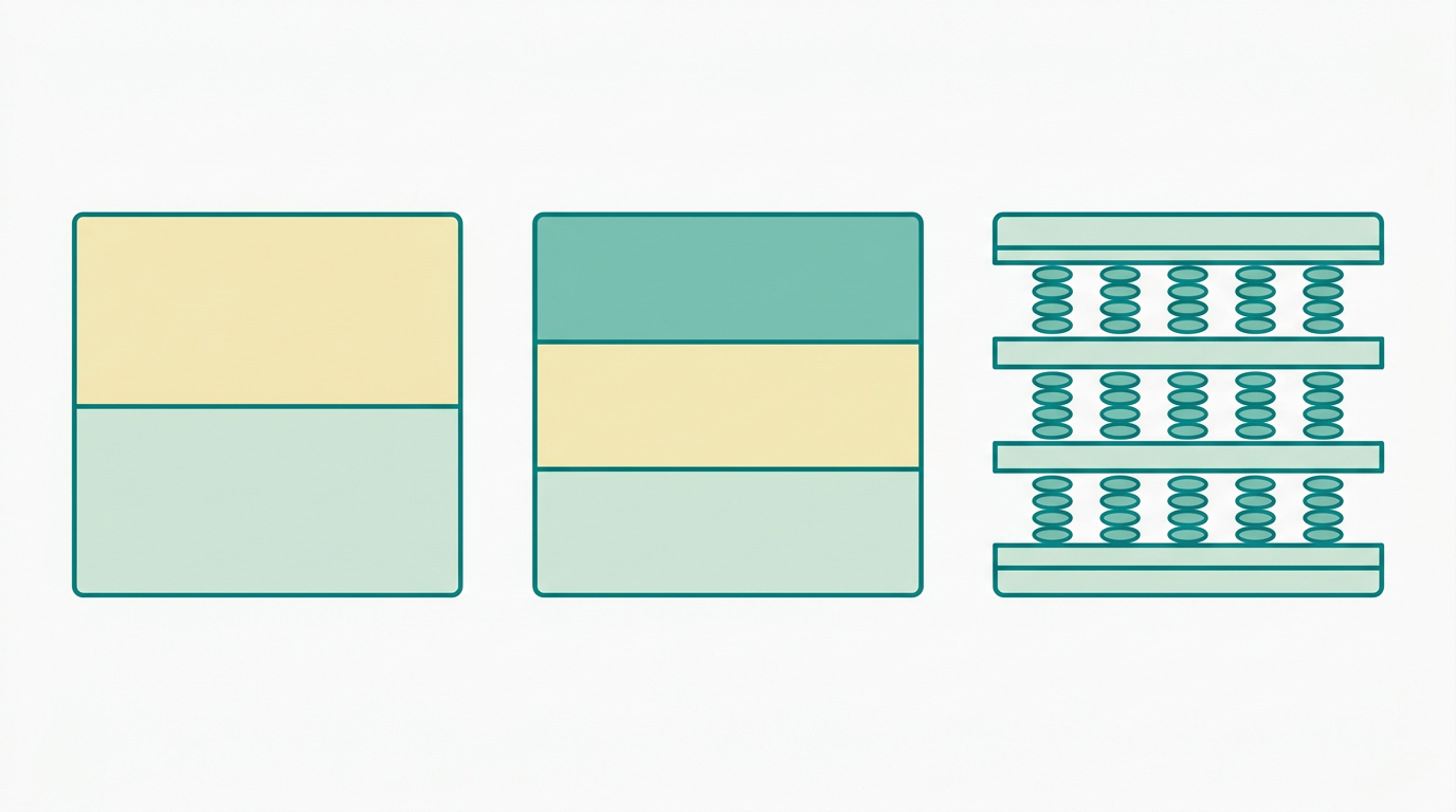 Flat vector diagram showing three single mattress cross-sections in 6:1 ratio arranged horizontally side by side with generous spacing. Left mattress shows 2 layers (HR foam) filled in #F2E8B8 and #CCE3D4 outlined in #008282. Center mattress shows 3 layers (viscoelastic) with top layer filled in #78C2B2 and lower layers in #F2E8B8 and #CCE3D4. Right mattress shows alternating layers suggesting pocket springs — thin horizontal bars in #CCE3D4 with #008282 outlines and small oval shapes suggesting coil springs in #78C2B2. Background #F9F9F9, generous whitespace around each mattress, no text or labels.