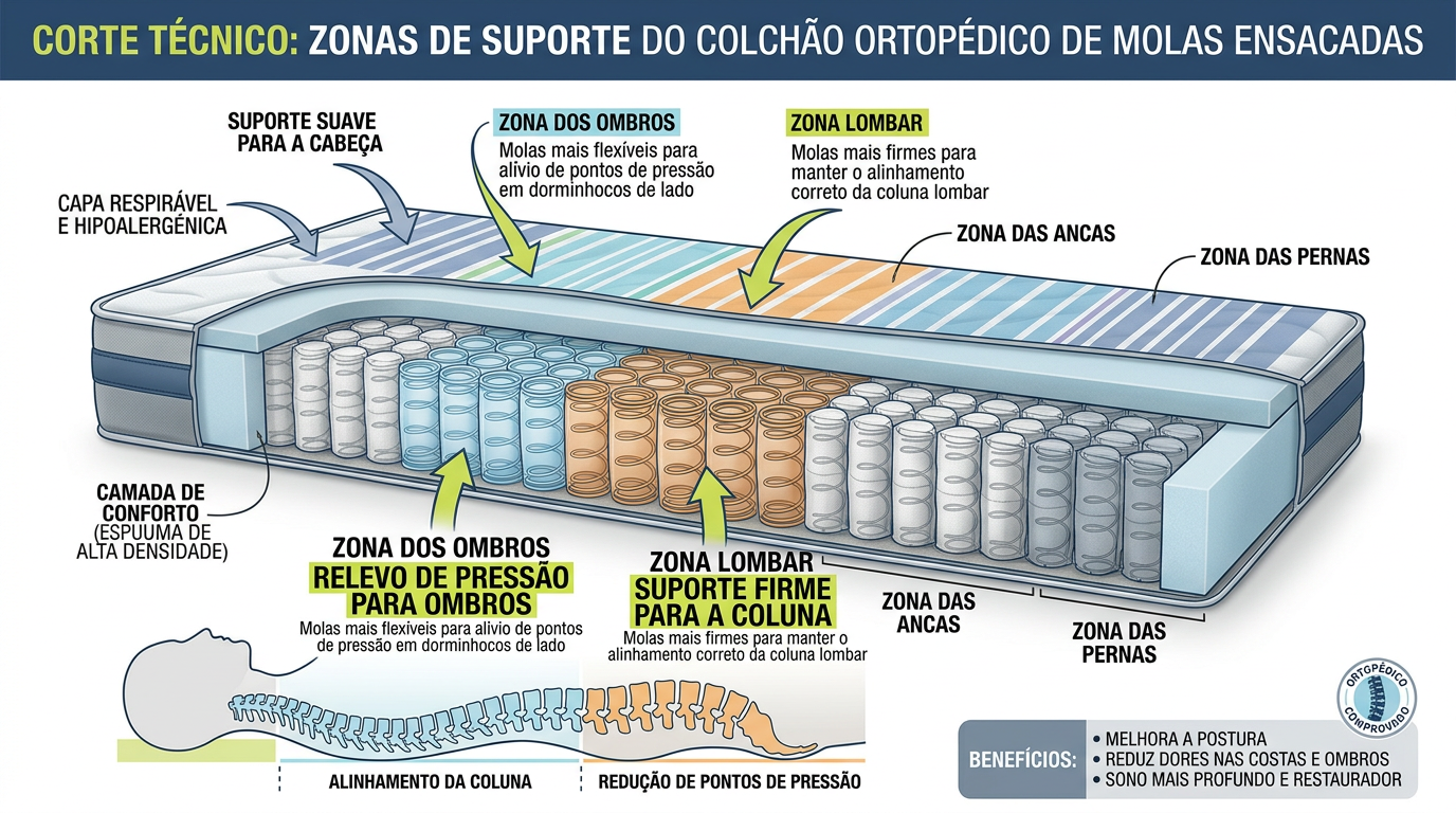 Imagem técnica em corte mostrando as diferentes zonas de suporte de um colchão ortopédico de molas ensacadas, com destaque para a zona lombar e ombros, com setas indicativas