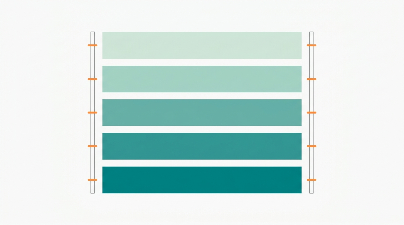 Flat vector infographic diagram with 5 horizontal rectangular bars representing mattress foam density levels from D23 to D45, each bar filled with a gradient-free flat color from #CCE3D4 (lightest density, lightest weight) to #008282 (highest density, heaviest weight), with simple weight range indicators shown as small #FF8A30 tick marks on a vertical scale. Off-white #F9F9F9 background, minimal composition, no text labels, no numbers, purely visual weight-to-density mapping concept, centered layout.