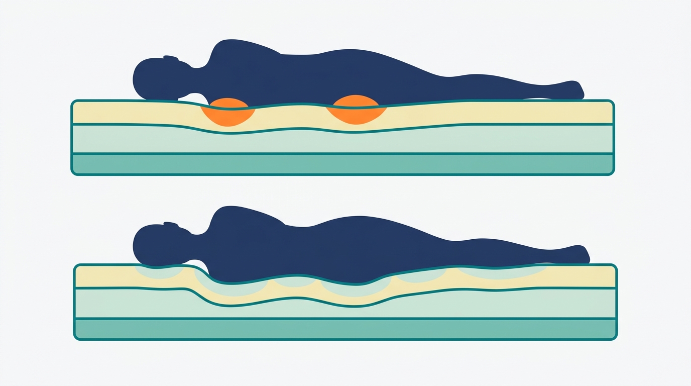 Flat vector diagram showing a side-view silhouette lying on a mattress cross-section with 3 visible layers in #F2E8B8, #CCE3D4 and #78C2B2. The top layer shows gentle contouring around the shoulder and hip zones of the silhouette, with pressure zones highlighted in #FF8A30 on a conventional flat surface contrasted with distributed soft zones in #CCE3D4 on the viscoelastic surface. Clean background in #F9F9F9, outlines in #008282.