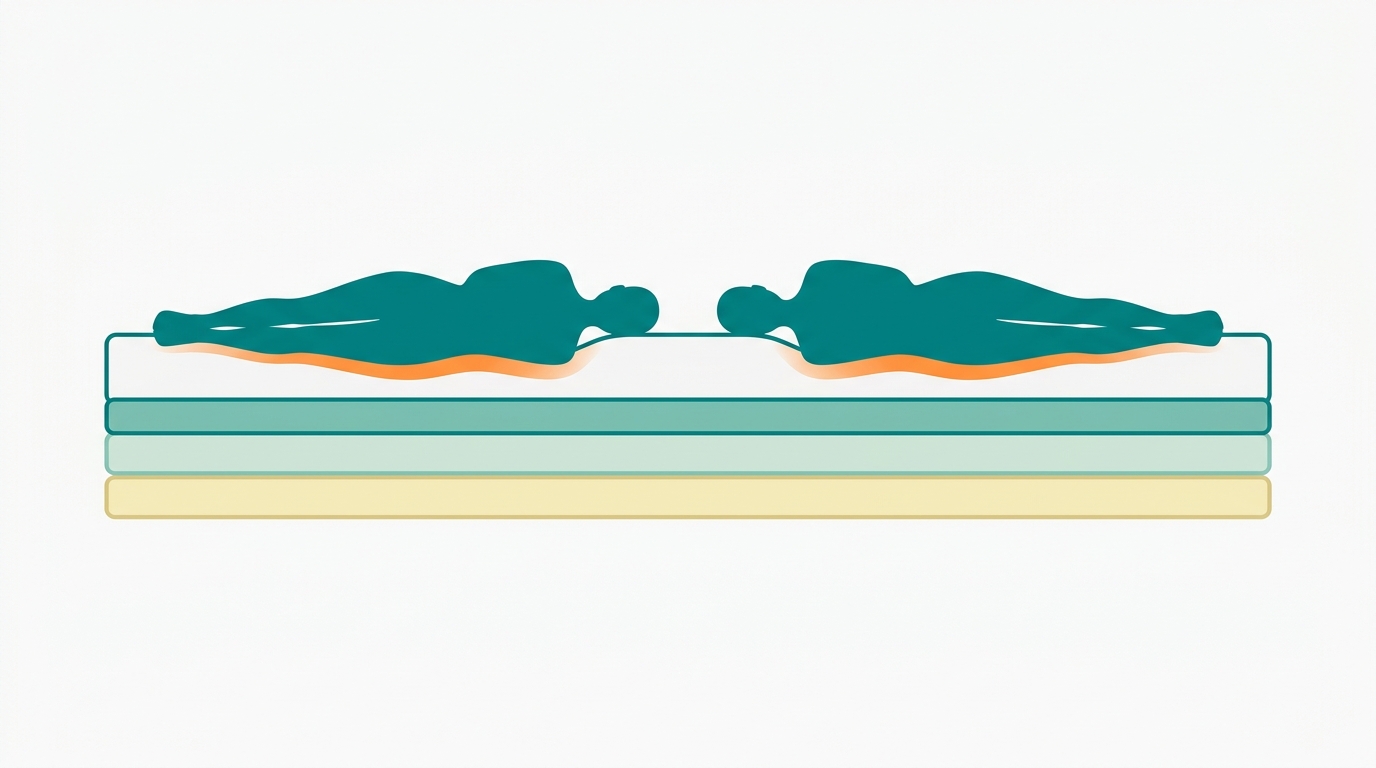 Flat vector diagram in landscape 16:9 showing a cross-section side view of a double mattress (drawn as a wide flat rectangle with a 6:1 width-to-height ratio) with 4 clearly defined horizontal layers in #F2E8B8, #CCE3D4, #78C2B2 and #008282 outlines. On top of the mattress, two faceless genderless silhouettes filled in #008282 lie side by side, each body creating a gentle independent contour impression in the mattress surface shown as a soft orange zone #FF8A30 under each silhouette. The background is #F9F9F9. Generous whitespace around the composition. No text, no labels.